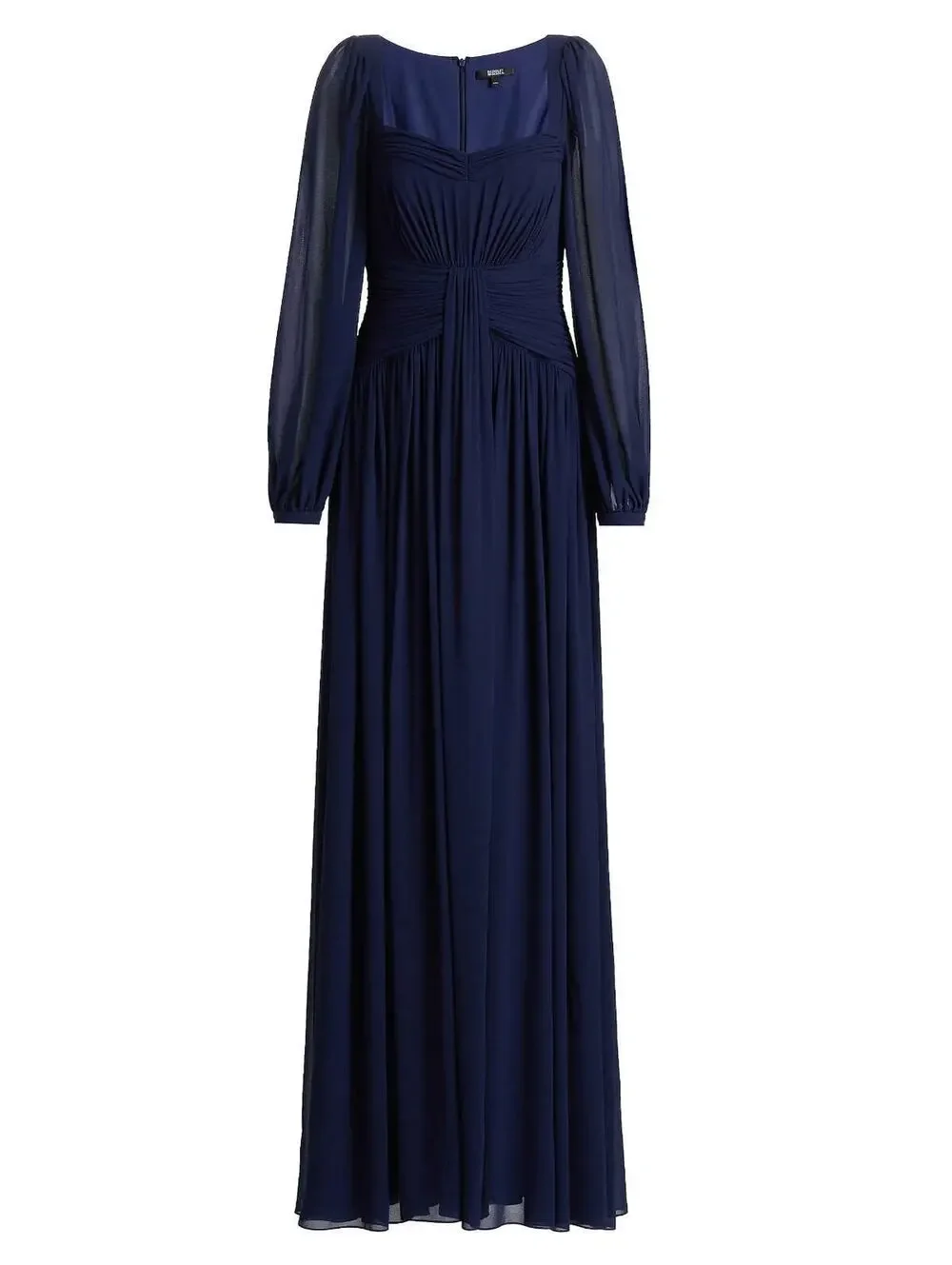 Badgley Mischka Queen Anne Pleated Georgette Gown $995 Navy sz 4 Long Sleeve